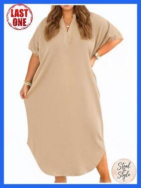 Plus Size Collared V Neck Maxi T Shirt Dress with Pockets Short Sleeve